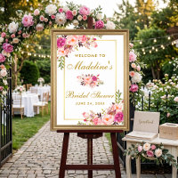 Watercolor Pink Floral Bridal Shower Welcome Gold