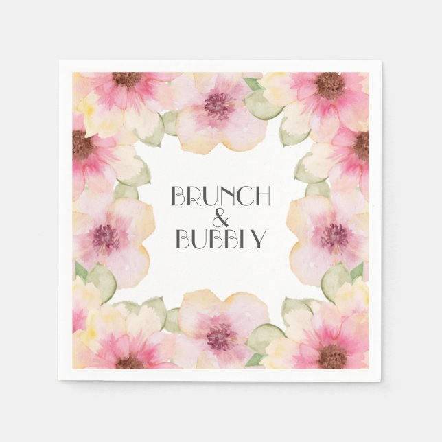 Watercolor Pink Floral Brunch & Bubbly Napkin (Front)