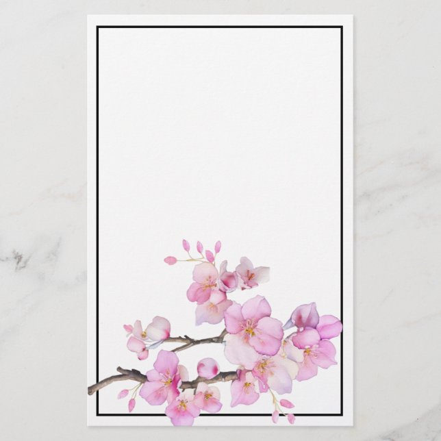 Watercolor pink floral cherry blossoms stationery (Front)