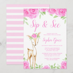 Watercolor Pink Floral Deer Girl Sip and See Invitation