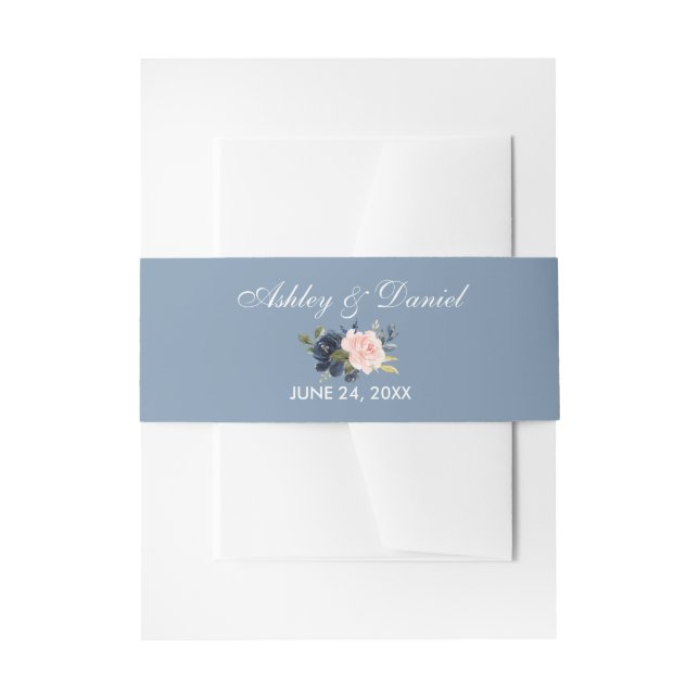 Watercolor Pink Floral Dusty Blue Invitation Belly Band (Front Example)