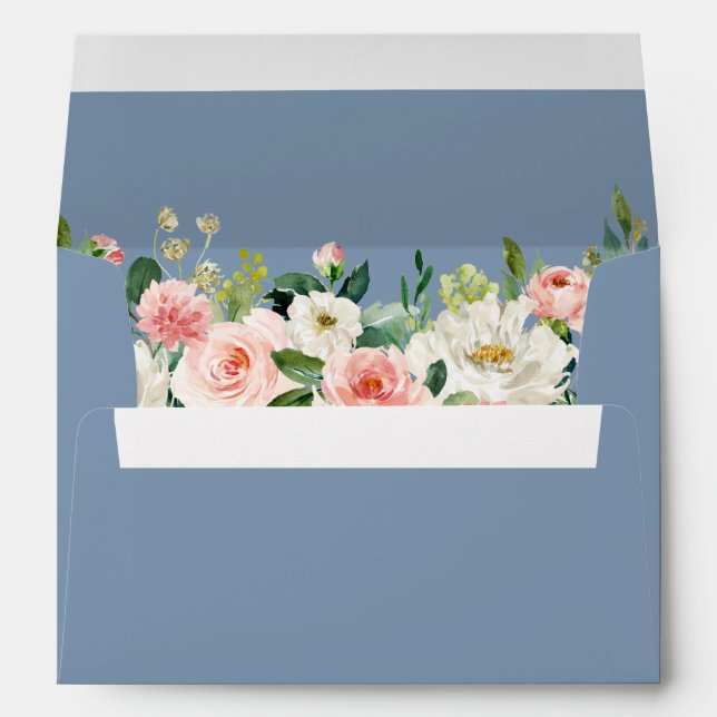 Watercolor Pink Floral Dusty Blue Wedding Envelope (Back (Bottom))