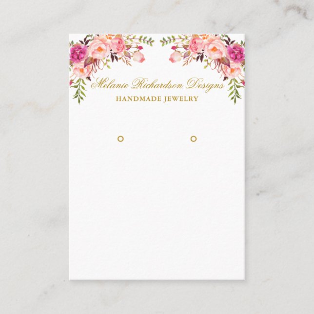 Watercolor Pink Floral Earring Display Gold Card (Front)