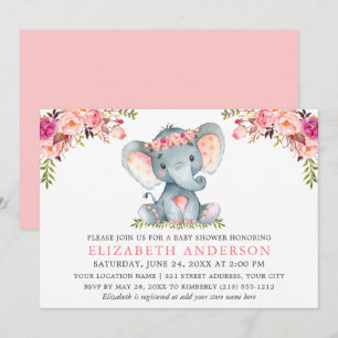 Watercolor Pink Floral Elephant Baby Shower Invitation