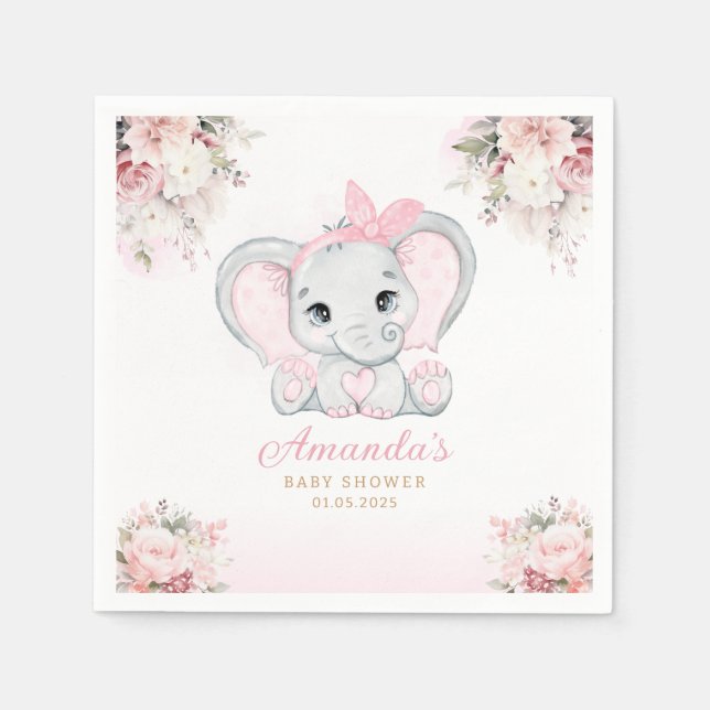 Watercolor pink floral Elephant girl baby shower  Napkin (Front)