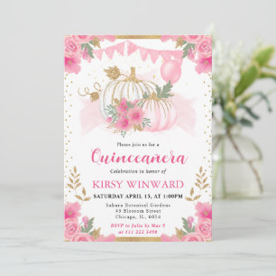 Watercolor Pink Floral Fall Pumpkin Quinceanera Invitation