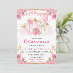 Watercolor Pink Floral Fall Pumpkin Quinceanera Invitation