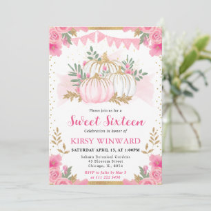 Watercolor Pink Floral Fall Pumpkin Sweet 16 Invitation