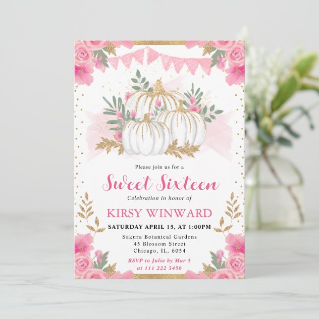 Watercolor Pink Floral Fall Pumpkin Sweet 16 Invitation (Standing Front)