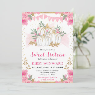 Watercolor Pink Floral Fall Pumpkin Sweet 16 Invitation