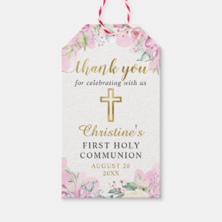 Watercolor Pink Floral First Holy Communion Gift Tags