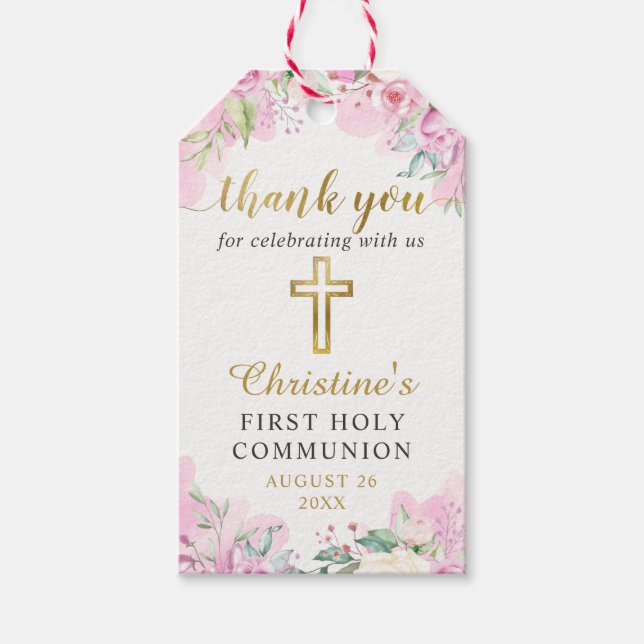Watercolor Pink Floral First Holy Communion Gift Tags (Front)