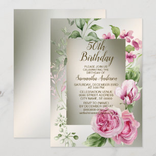Watercolor Pink Floral Frame Shiny Bronze Elegant Invitation