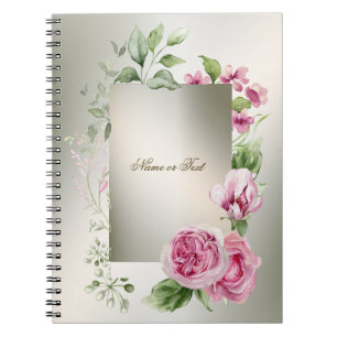 Watercolor Pink Floral Frame Shiny Bronze Elegant Notebook