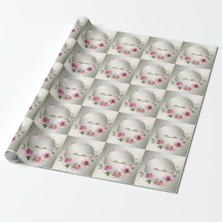 Watercolor Pink Floral Frame Shiny Bronze Elegant Wrapping Paper