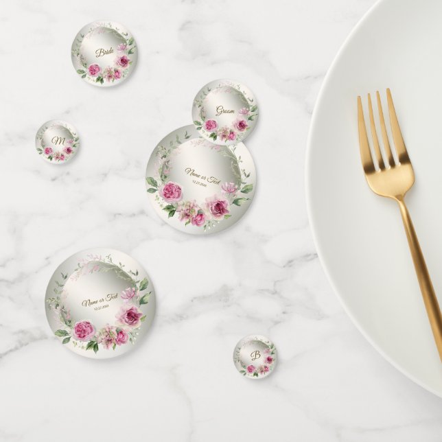 Watercolor Pink Floral Frame Shiny Bronze Party Confetti (Group)