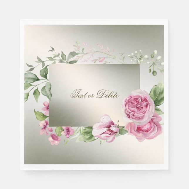 Watercolor Pink Floral Frame Shiny Bronze Party Napkin (Front)