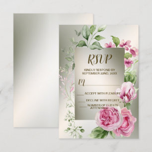 Watercolor Pink Floral Frame Shiny Bronze Party RSVP Card
