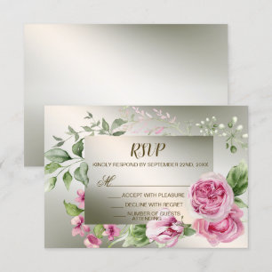 Watercolor Pink Floral Frame Shiny Bronze Party RSVP Card