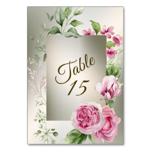 Watercolor Pink Floral Frame Shiny Bronze Party Table Number