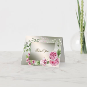Watercolor Pink Floral Frame Shiny Bronze Party Thank You Card