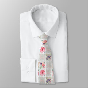 Watercolor pink floral fruit stylish chequered tie