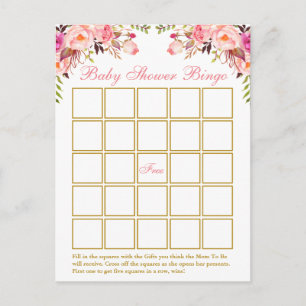 Watercolor Pink Floral Gold Baby Shower Bingo Card
