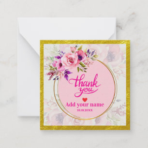 Watercolor Pink Floral & Gold Border I Thank You Card