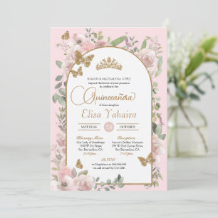 Watercolor Pink Floral Gold Butterfly Quinceañera Invitation