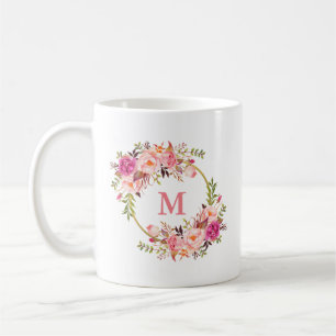 Watercolor Pink Floral Gold Circle Monogram Coffee Mug