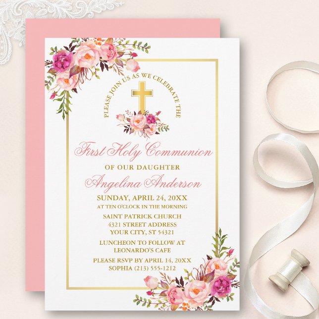 Watercolor Pink Floral Gold Frame First Communion Invitation (Customize to change text color, size, style or to change color of back of card.)