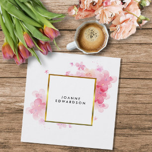 Watercolor pink floral gold frame professional square business card
