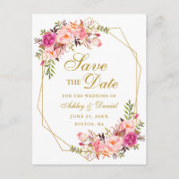 Watercolor Pink Floral Gold Frame Save the Date