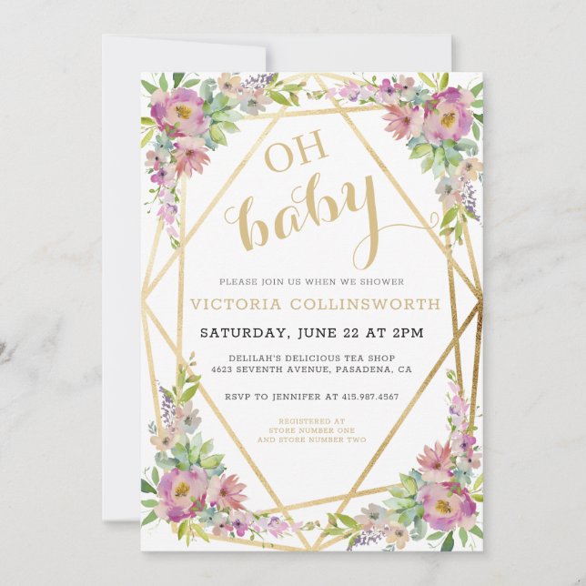 Watercolor Pink Floral Gold Geometric Baby Shower Invitation (Front)