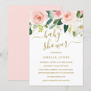 Watercolor Pink Floral Gold Glitter Baby Shower Invitation