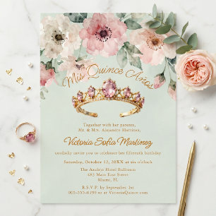 Watercolor Pink Floral Gold Tiara Quinceañera Invitation