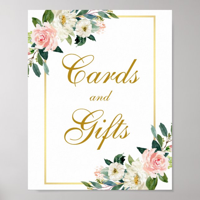 Watercolor Pink Floral Gold Wedding Cards Gifts Poster (Front)