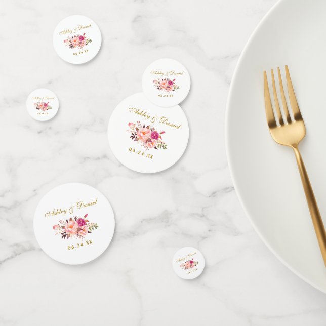 Watercolor Pink Floral Gold Wedding Confetti (Group)