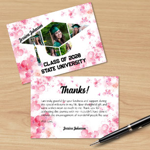 Watercolor Pink Floral Graduation Photo Collage Thank You Card