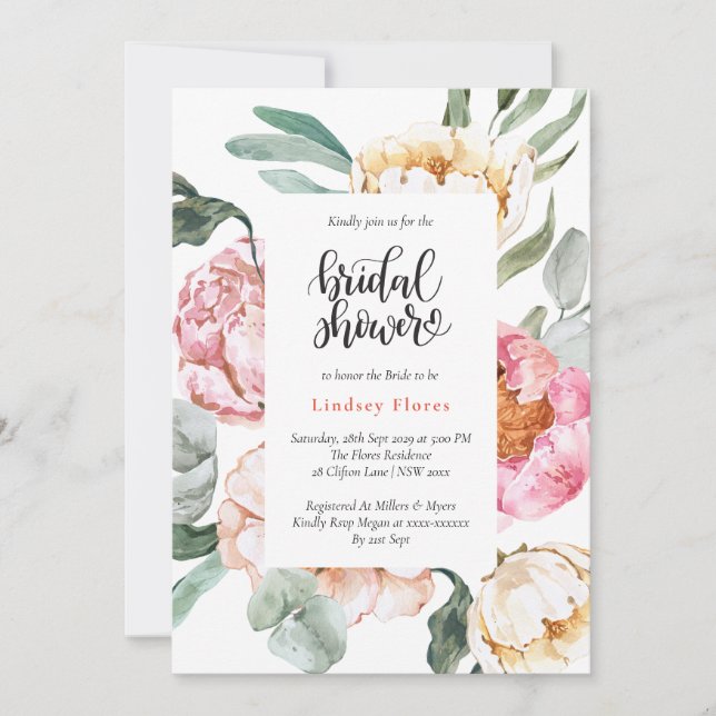 Watercolor Pink Floral Greenery Bridal Shower Invitation (Front)