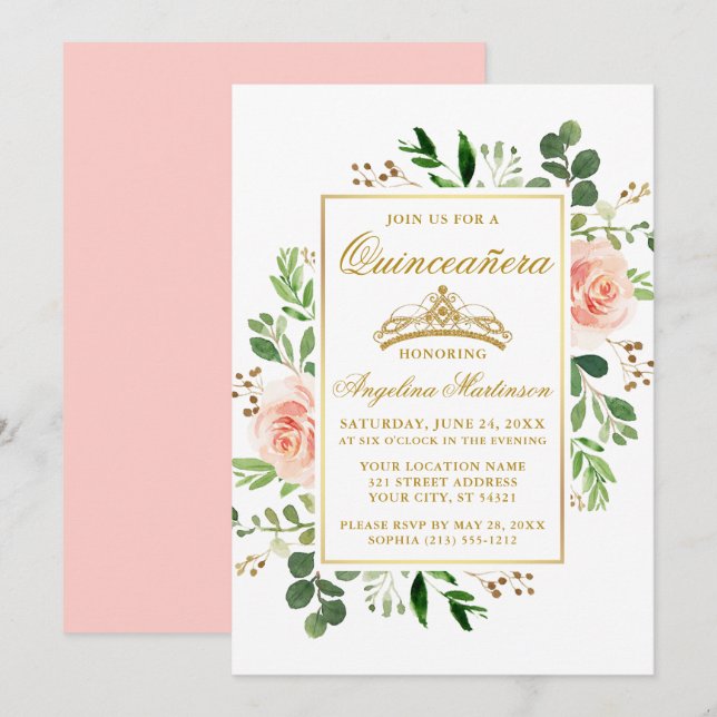 Watercolor Pink Floral Greenery Gold Quinceanera Invitation (Front/Back)