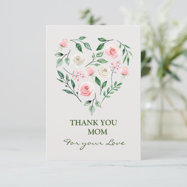 Watercolor Pink Floral Heart Mom Thank You Card (Standing Front)
