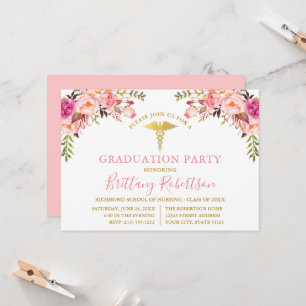 Watercolor Pink Floral Medical Graduation Party Invitation