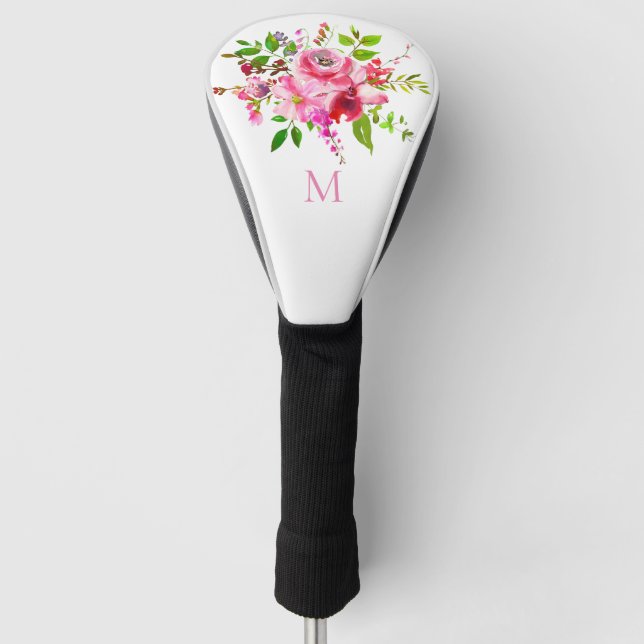 Watercolor Pink Floral Monogram Golf Head Cover (Front)