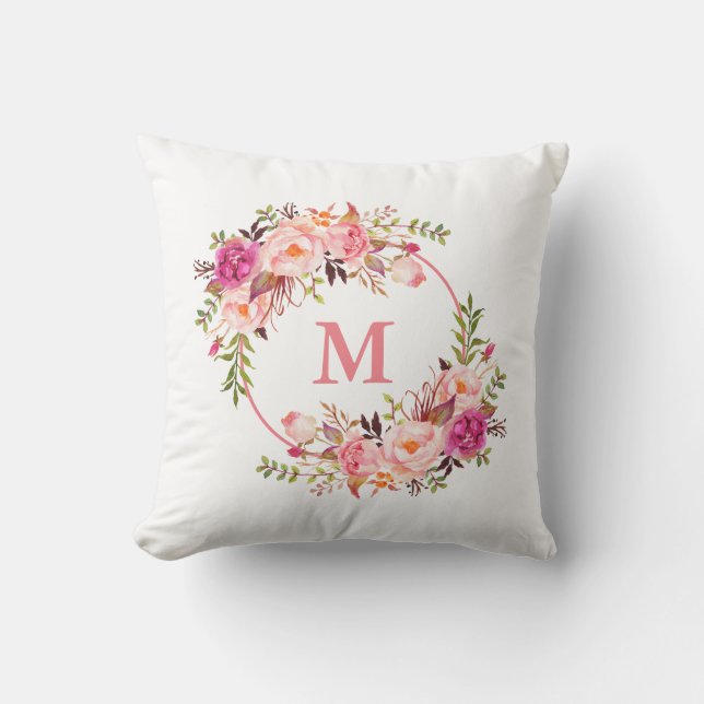 Watercolor Pink Floral Monogram Throw Pillow (Front)