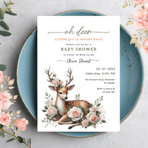 Watercolor Pink Floral oh deer baby shower  Invitation