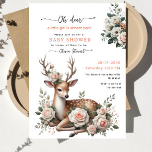 Watercolor Pink Floral oh deer baby shower Invitation