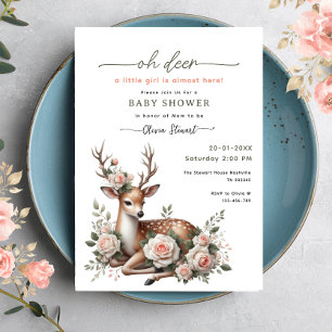 Watercolor Pink Floral oh deer baby shower Invitation