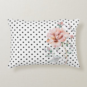 Watercolor Pink Floral on Black Polkadots Accent Pillow
