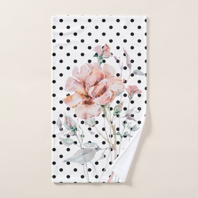 Watercolor Pink Floral on Black Polkadots Hand Towel (Hand Towel)